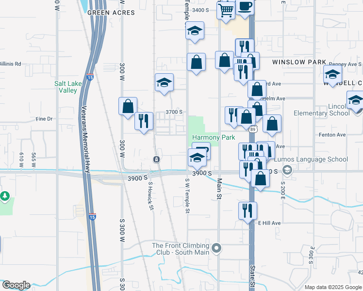 map of restaurants, bars, coffee shops, grocery stores, and more near 3780 South West Temple in South Salt Lake