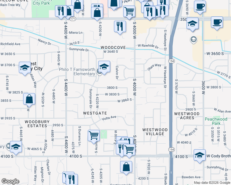 map of restaurants, bars, coffee shops, grocery stores, and more near 4145 West 3800 South in West Valley City