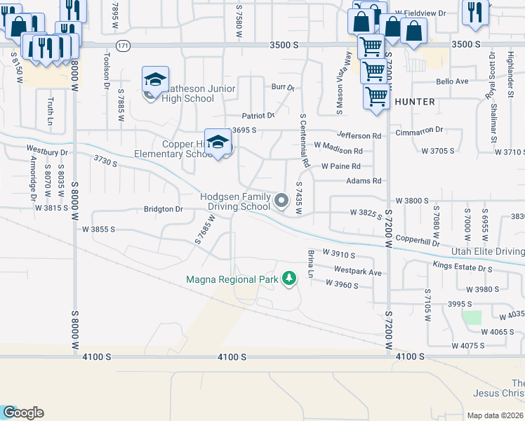 map of restaurants, bars, coffee shops, grocery stores, and more near 7525 West 3825 South in Magna