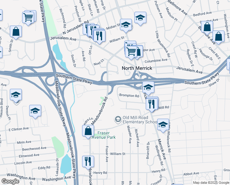 map of restaurants, bars, coffee shops, grocery stores, and more near 46 Brixton Road in Merrick