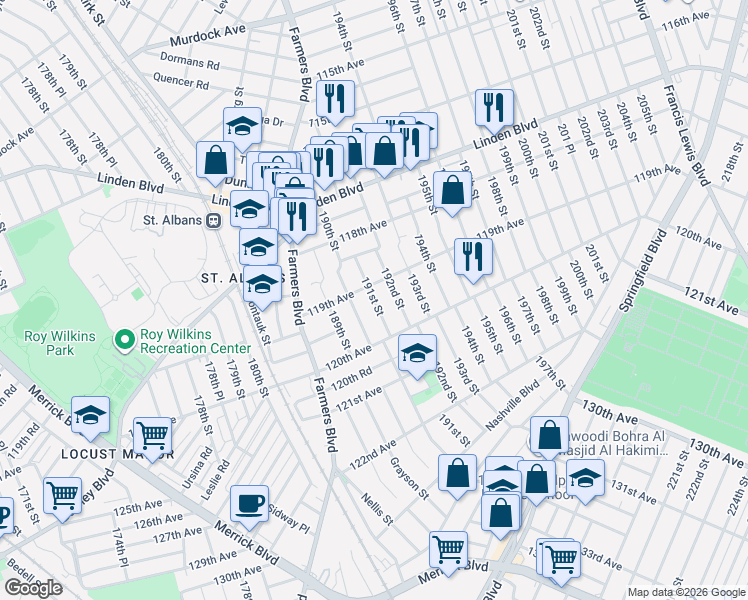 map of restaurants, bars, coffee shops, grocery stores, and more near 119-16 192nd Street in Queens