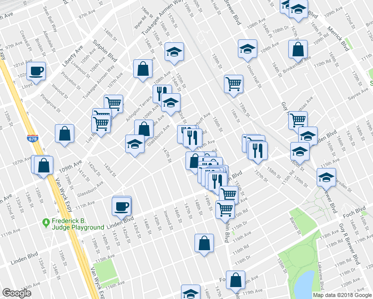 map of restaurants, bars, coffee shops, grocery stores, and more near 110-36 153rd Street in Queens