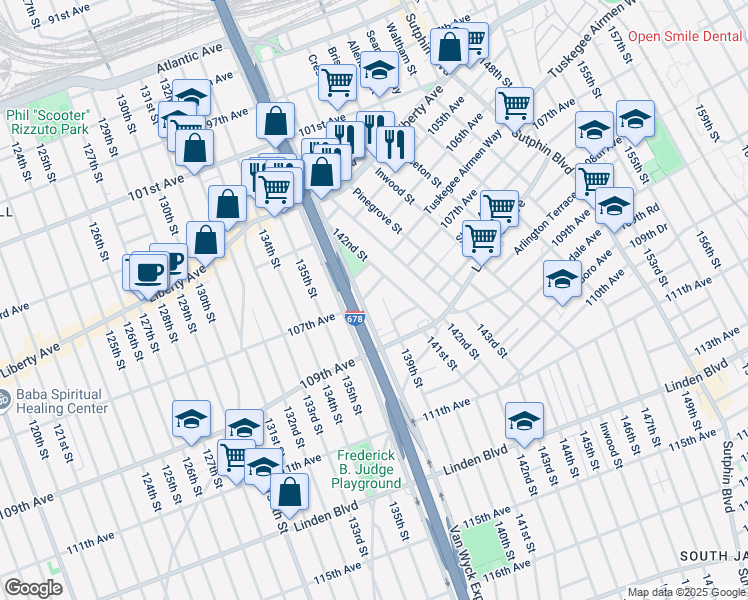 map of restaurants, bars, coffee shops, grocery stores, and more near 138-26 107th Avenue in Queens