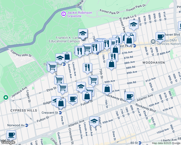 map of restaurants, bars, coffee shops, grocery stores, and more near 8801 Eldert Lane in Queens