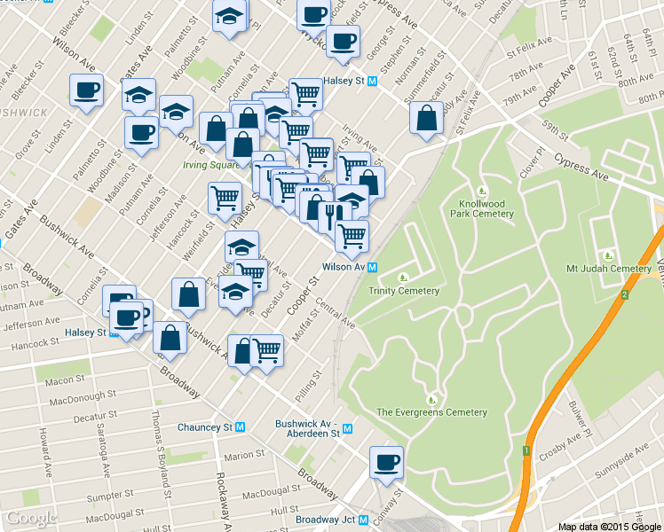 map of restaurants, bars, coffee shops, grocery stores, and more near 183 Cooper Street in Brooklyn