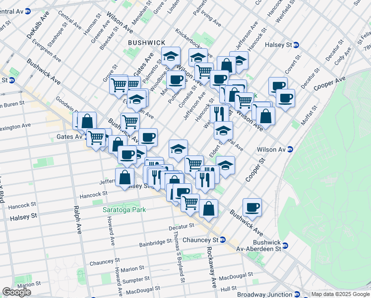 map of restaurants, bars, coffee shops, grocery stores, and more near 1088 Hancock Street in Brooklyn