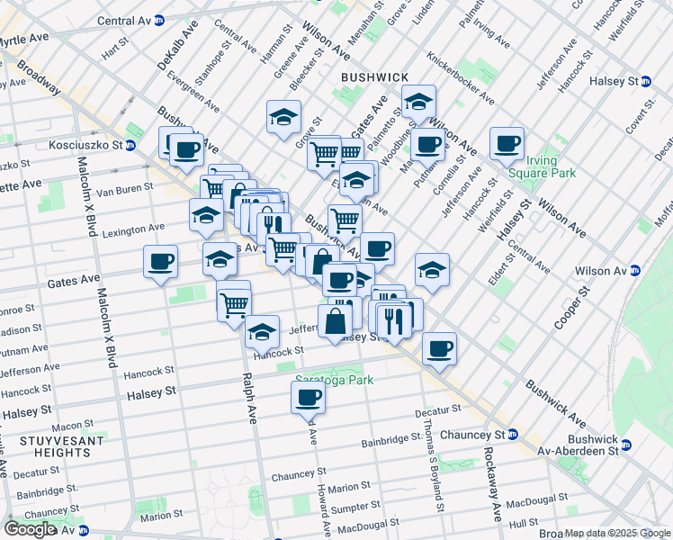 map of restaurants, bars, coffee shops, grocery stores, and more near 984 Madison Street in Brooklyn