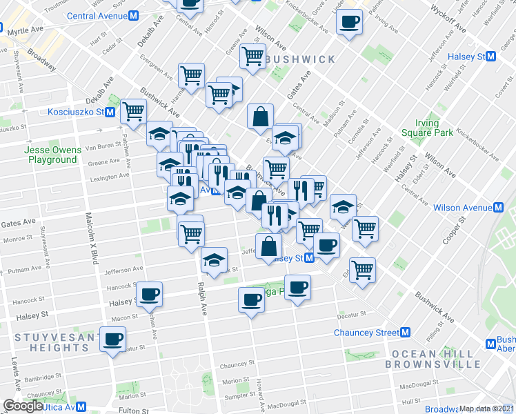 map of restaurants, bars, coffee shops, grocery stores, and more near 16 Woodbine Street in Brooklyn