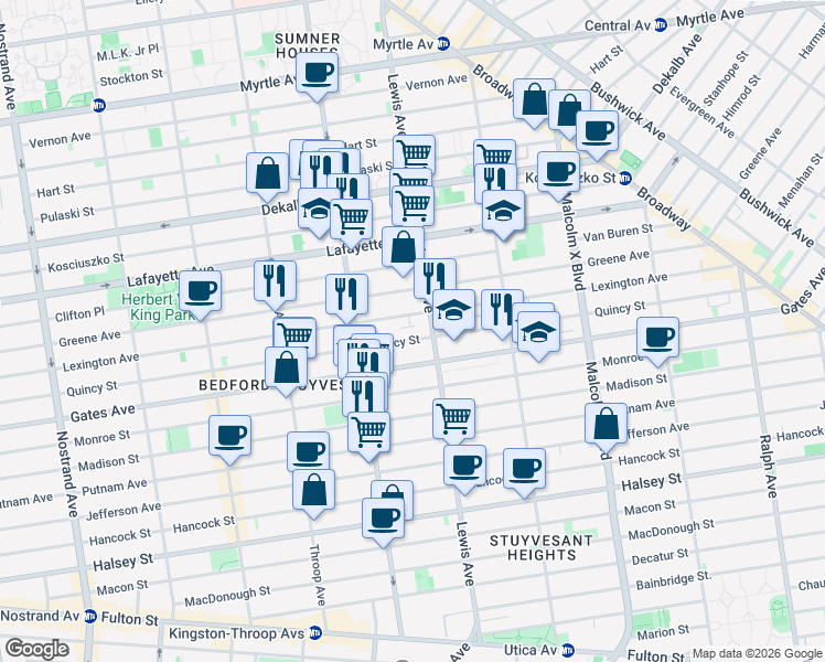 map of restaurants, bars, coffee shops, grocery stores, and more near 218 Lewis Avenue in Brooklyn