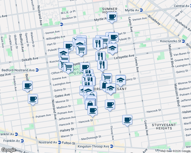 map of restaurants, bars, coffee shops, grocery stores, and more near 438 1/2 Lexington Avenue in Brooklyn