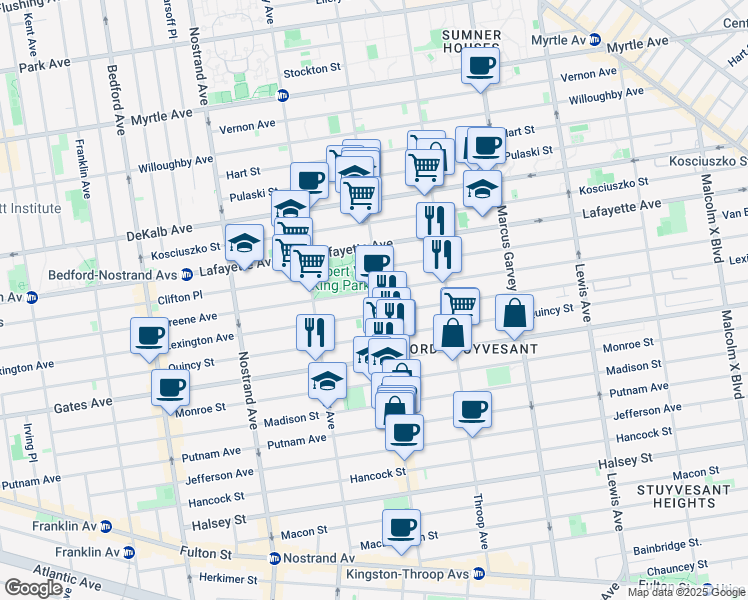 map of restaurants, bars, coffee shops, grocery stores, and more near 593 Greene Avenue in Brooklyn