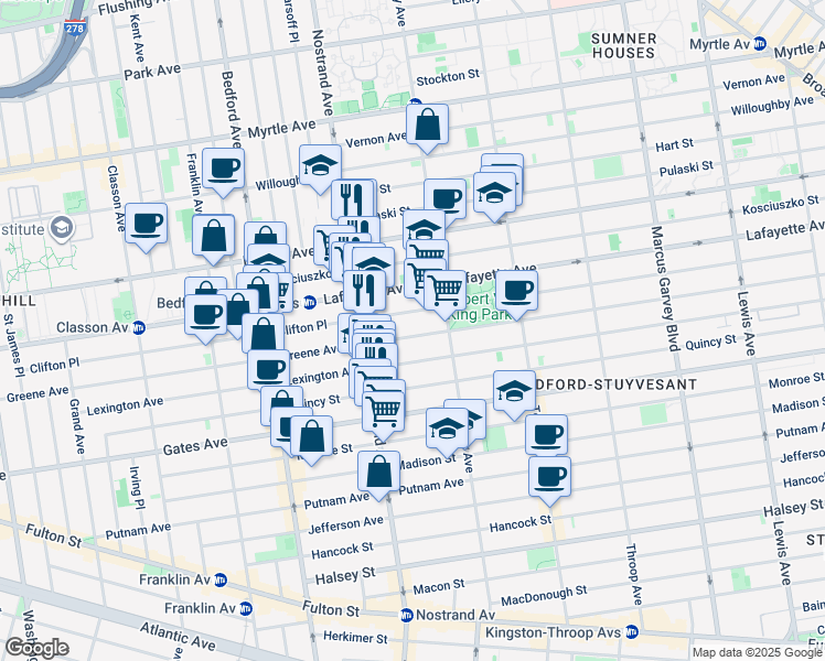 map of restaurants, bars, coffee shops, grocery stores, and more near 360 Clifton Place in Brooklyn