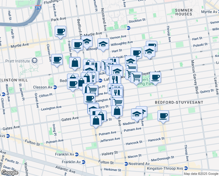 map of restaurants, bars, coffee shops, grocery stores, and more near 328 Clifton Place in Brooklyn