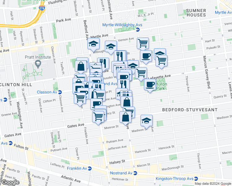 map of restaurants, bars, coffee shops, grocery stores, and more near 328 Clifton Place in Brooklyn