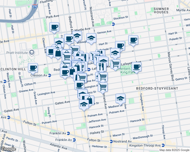 map of restaurants, bars, coffee shops, grocery stores, and more near 265 Clifton Place in Brooklyn