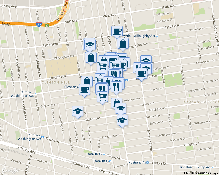 map of restaurants, bars, coffee shops, grocery stores, and more near 476 Lafayette Avenue in Brooklyn