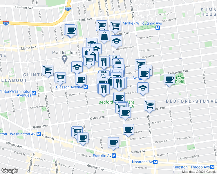 map of restaurants, bars, coffee shops, grocery stores, and more near 476 Lafayette Avenue in Brooklyn
