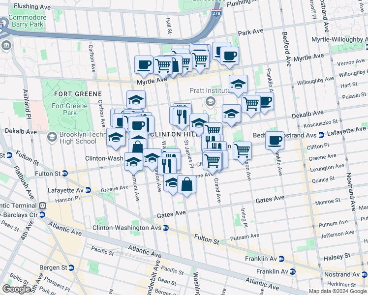 map of restaurants, bars, coffee shops, grocery stores, and more near 30 Saint James Place in Brooklyn