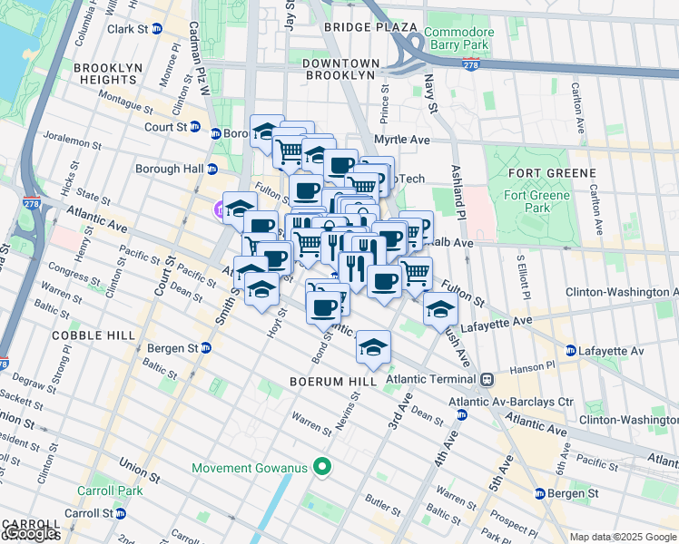 map of restaurants, bars, coffee shops, grocery stores, and more near 250 Livingston Street in Brooklyn