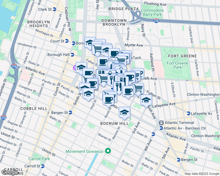map of restaurants, bars, coffee shops, grocery stores, and more near 250 Livingston Street in Brooklyn