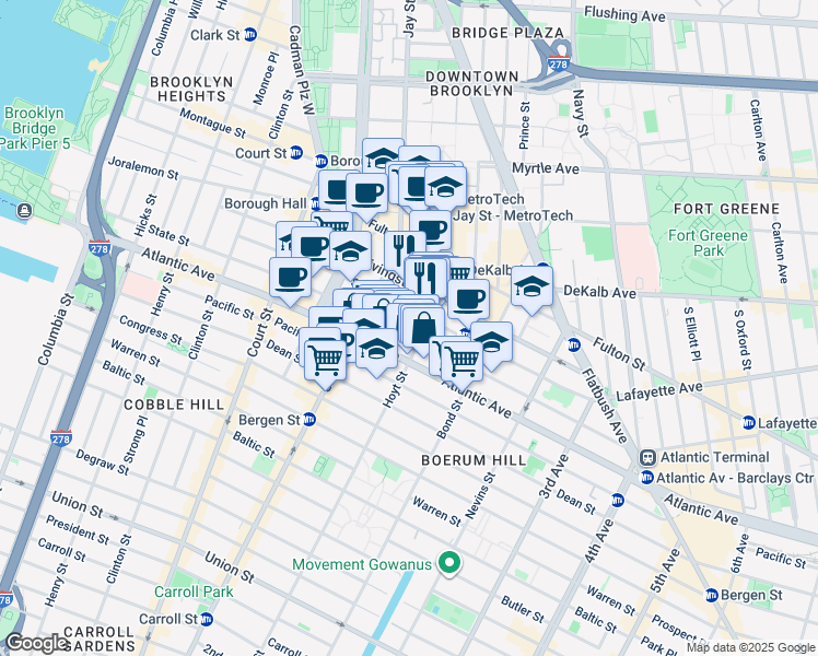 map of restaurants, bars, coffee shops, grocery stores, and more near 285 State Street in Brooklyn