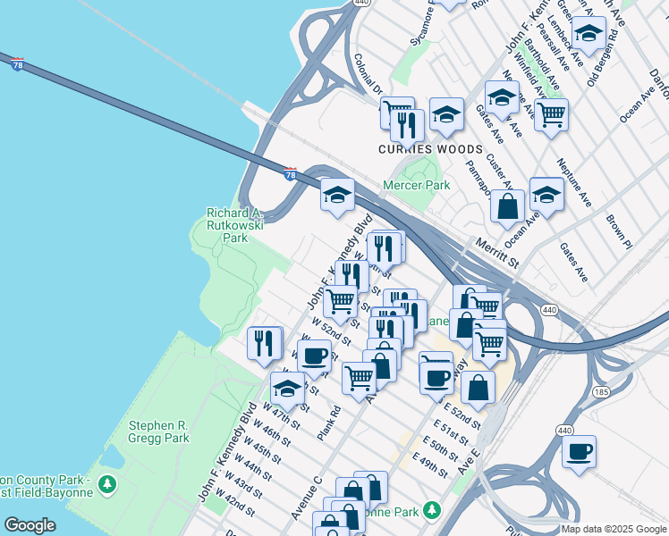 map of restaurants, bars, coffee shops, grocery stores, and more near 1224 John F. Kennedy Boulevard in Bayonne