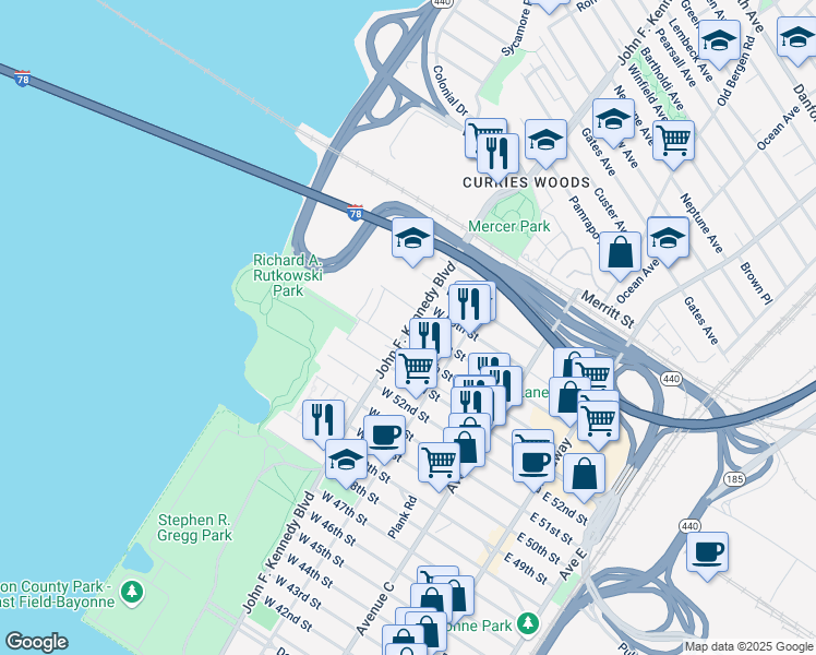 map of restaurants, bars, coffee shops, grocery stores, and more near 1224 John F. Kennedy Boulevard in Bayonne