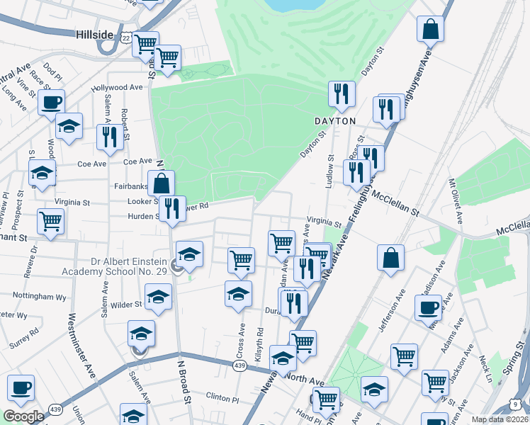 map of restaurants, bars, coffee shops, grocery stores, and more near 1345 Virginia Street in Elizabeth