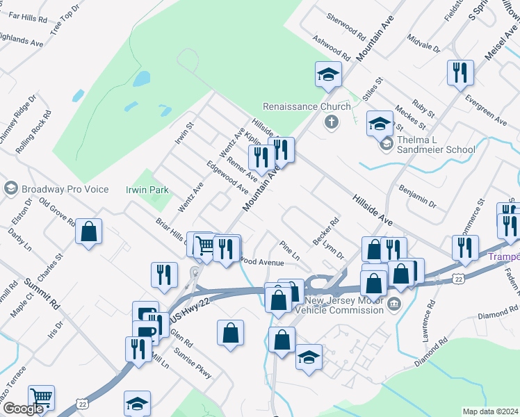 map of restaurants, bars, coffee shops, grocery stores, and more near 799 Mountain Avenue in Springfield