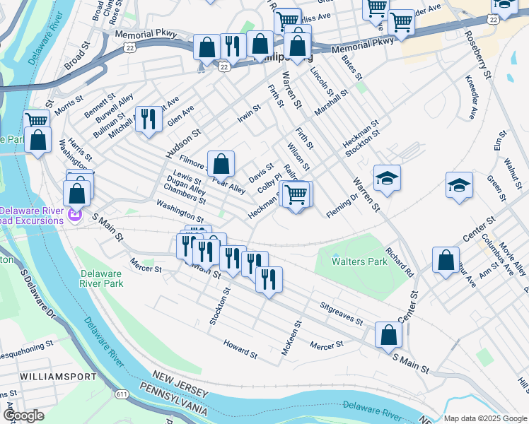 map of restaurants, bars, coffee shops, grocery stores, and more near in Phillipsburg