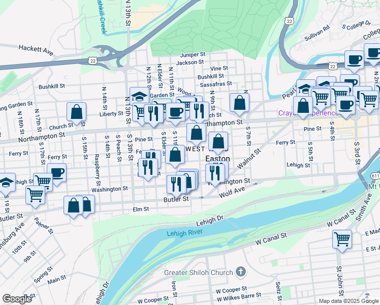 map of restaurants, bars, coffee shops, grocery stores, and more near 1032 Ferry Street in Easton