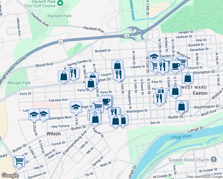 map of restaurants, bars, coffee shops, grocery stores, and more near 29 South 16th Street in Easton