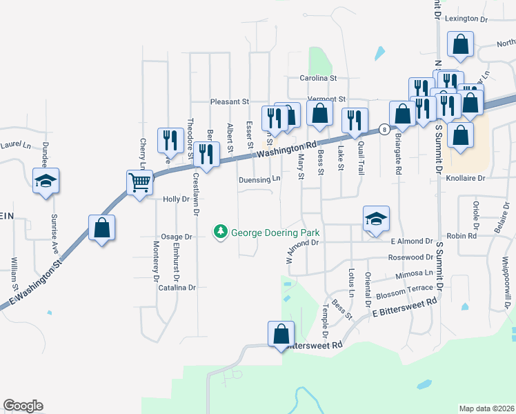 map of restaurants, bars, coffee shops, grocery stores, and more near 200 Duensing Lane in Washington