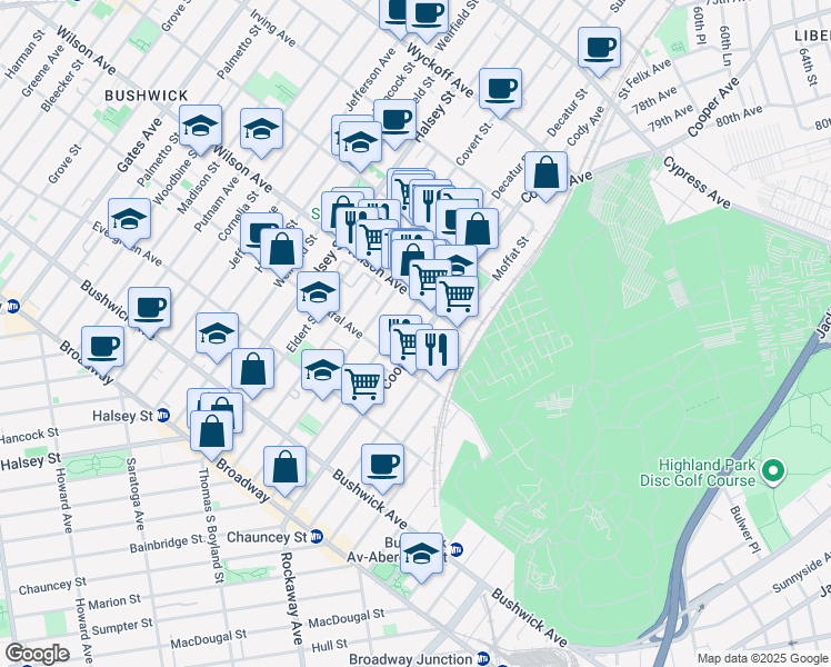 map of restaurants, bars, coffee shops, grocery stores, and more near 177 Cooper Street in Brooklyn