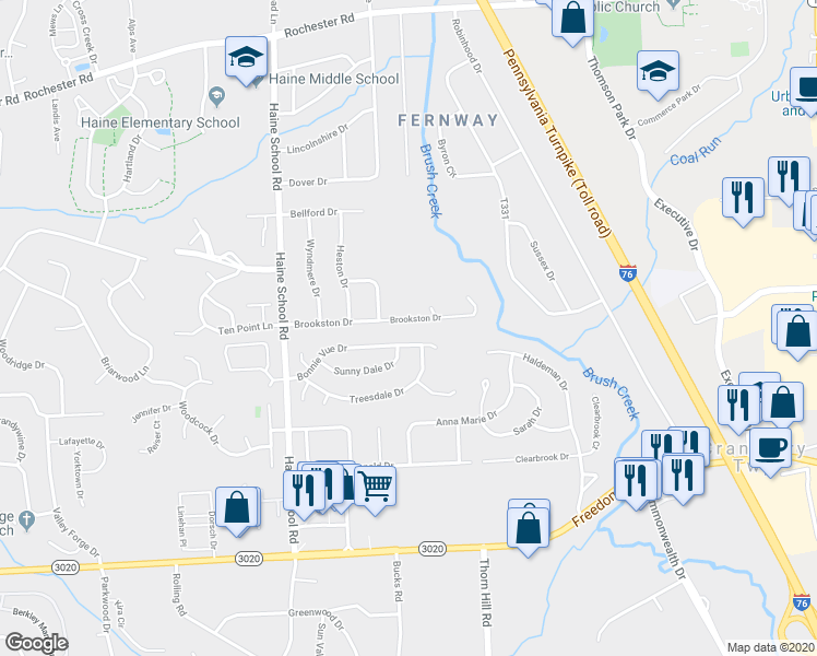 map of restaurants, bars, coffee shops, grocery stores, and more near 216 Brookston Drive in Cranberry Township
