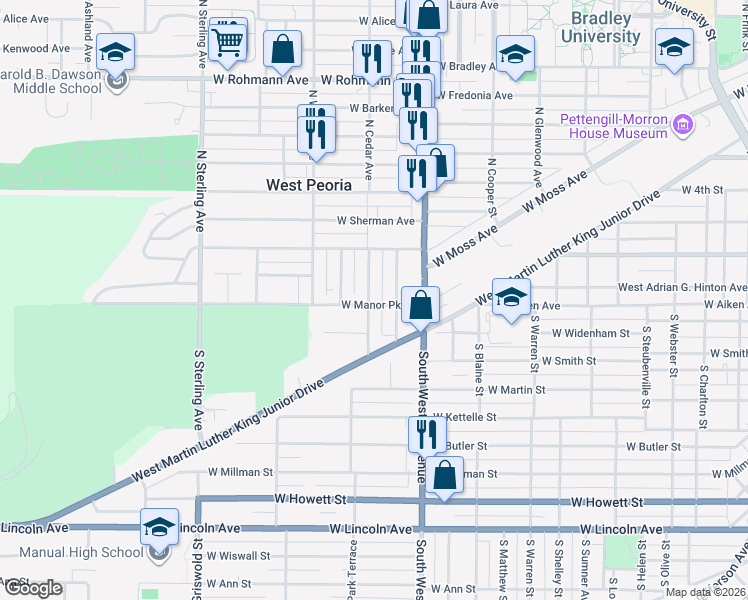 map of restaurants, bars, coffee shops, grocery stores, and more near 108 North Cedar Avenue in West Peoria