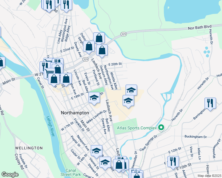 map of restaurants, bars, coffee shops, grocery stores, and more near 1708 Northampton Avenue in Northampton
