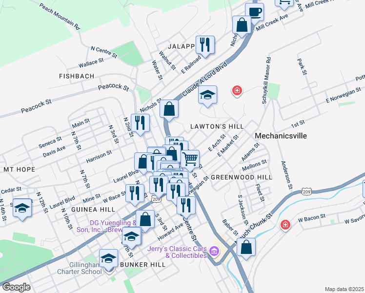 map of restaurants, bars, coffee shops, grocery stores, and more near 319 North George Street in Pottsville
