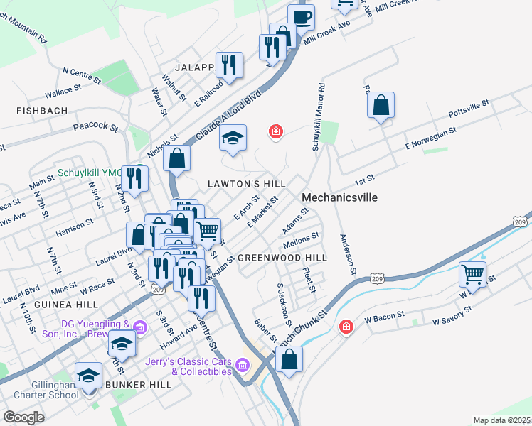 map of restaurants, bars, coffee shops, grocery stores, and more near 531 East Market Street in Pottsville