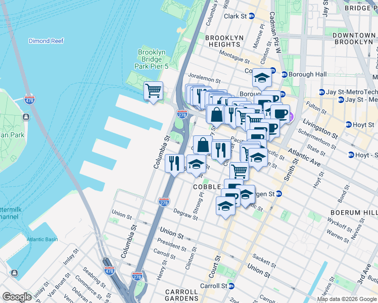 map of restaurants, bars, coffee shops, grocery stores, and more near 401 Hicks Street in Brooklyn