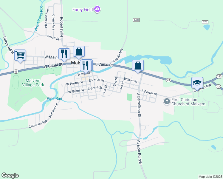 map of restaurants, bars, coffee shops, grocery stores, and more near 323 East Grant Street in Malvern