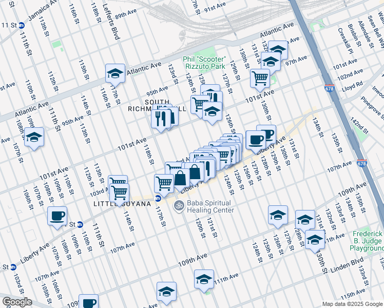 map of restaurants, bars, coffee shops, grocery stores, and more near 121-15 103rd Avenue in Queens