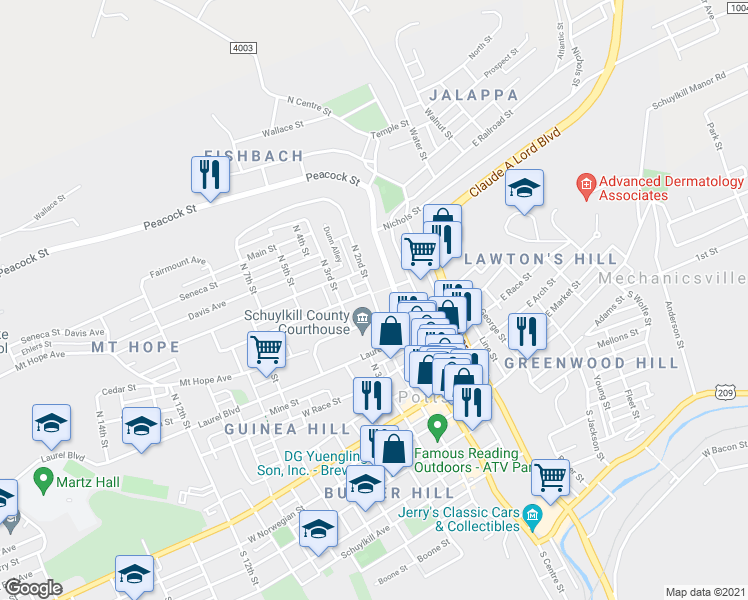 map of restaurants, bars, coffee shops, grocery stores, and more near 431 North 2nd Street in Pottsville