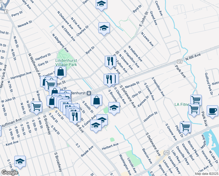 map of restaurants, bars, coffee shops, grocery stores, and more near 165 County Road 12 in Lindenhurst