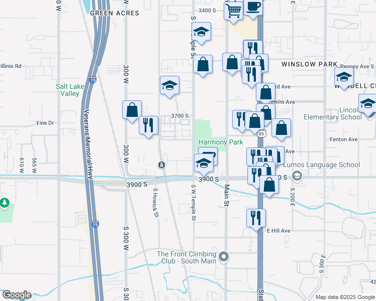 map of restaurants, bars, coffee shops, grocery stores, and more near 3780 South West Temple in South Salt Lake