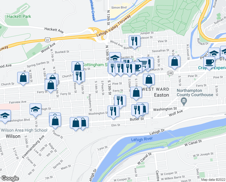 map of restaurants, bars, coffee shops, grocery stores, and more near 1243 Ferry Street in Easton