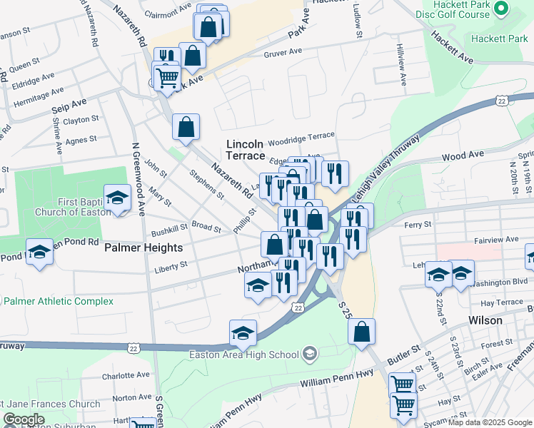 map of restaurants, bars, coffee shops, grocery stores, and more near 2568 Pennsylvania 248 in Easton
