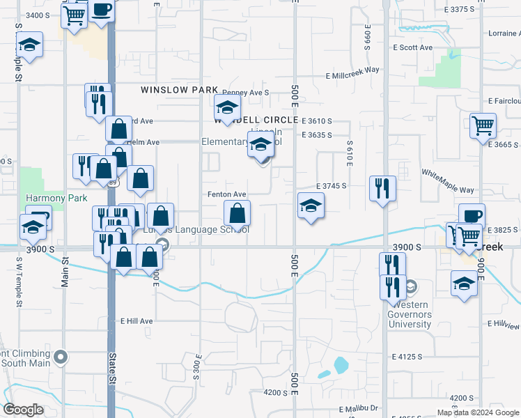 map of restaurants, bars, coffee shops, grocery stores, and more near 434 East Mitchell Cove in South Salt Lake