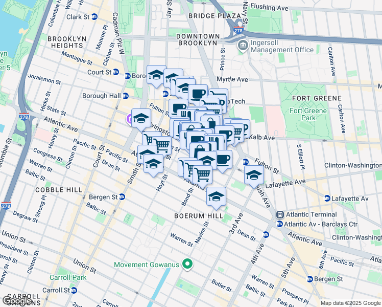 map of restaurants, bars, coffee shops, grocery stores, and more near 225 Schermerhorn Street in Brooklyn