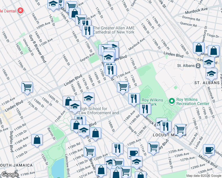 map of restaurants, bars, coffee shops, grocery stores, and more near 115-29 170th Street in Queens